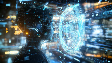 A person looks at a holographic interface surrounded by a multitude of digital lines and data, which emphasizes a future where technology and consciousness merge into a single whole.
