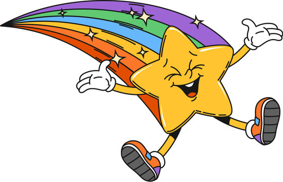 Naklejki Groovy retro space character, star with rainbow tail and twinkles, cartoon vector emoji. Funny comic groovy galaxy star with funky face and happy smile with twinkle shines on rainbow sparkles