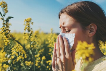 Spring allergies in bloom: woman sneezing amidst vibrant rapeseed field
