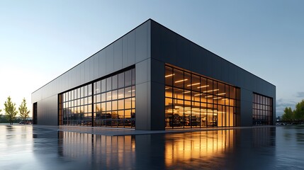 Obraz premium A modern industrial building with a dark gray exterior and floor-to-ceiling windows, reflecting a clear sunny day and minimalist architectural lines for a striking visual.