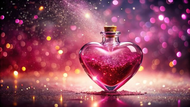 Magical love potion with heart-shaped bottle and glittery pink liquid, love potion, mystical, magical, hearts, romance