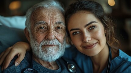 this Panorama of a happy nurse with a stethoscope covering an elderly man with a blanket in a nursing home, showcasing care and compassion.