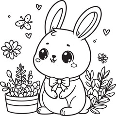 A rabbit lineart coloring book illustration for kids