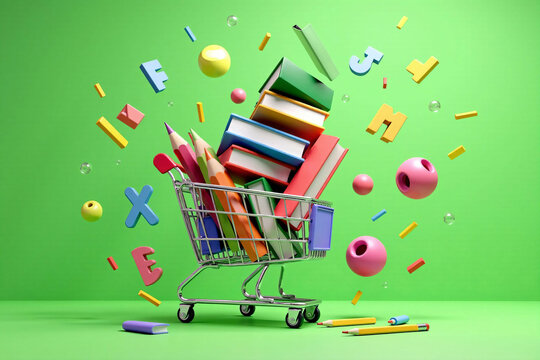 A playful and colorful 3D illustration of a shopping cart filled with school supplies like books, pencils, are floating above the cart, surrounded by whimsical doodles of paper planes, letters, and nu
