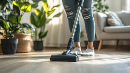 Fototapeta premium Person vacuuming a living room with indoor plants during daylight hours