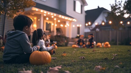 Halloween backyard party with family and friends glowing pumpkins