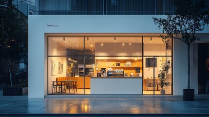 A modern storefront with large glass windows and warm interior lighting, creating a cozy cafe atmosphere, captured in soft focus for an inviting urban setting.
