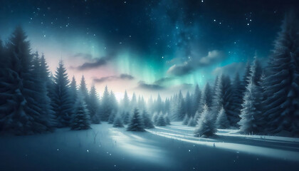 Winter landscape featuring a dense forest of snow covered pine trees under a night sky with stars