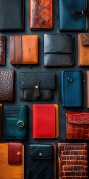 Bird's-eye perspective of designer wallets and purses laid out neatly, room for text