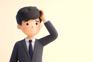 Digital artwork of a man in a business suit scratching his head, symbolizing confusion or thinking, with a neutral background.