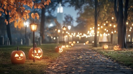 Halloween carnival at an old churchyard glowing lanterns and jack-o-lanterns lighting the path