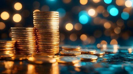 Stacks of shiny gold coins arranged in an ascending graph shape, illuminated with bright lighting and a turquoise backdrop to symbolize financial growth and prosperity.
