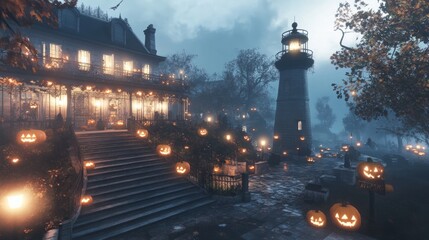 Halloween carnival at an old lighthouse glowing pumpkins lining the steps