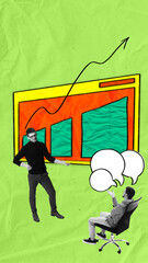 Consultant presenting rising graph, symbolizing business growth. Speech bubbles represent ongoing...