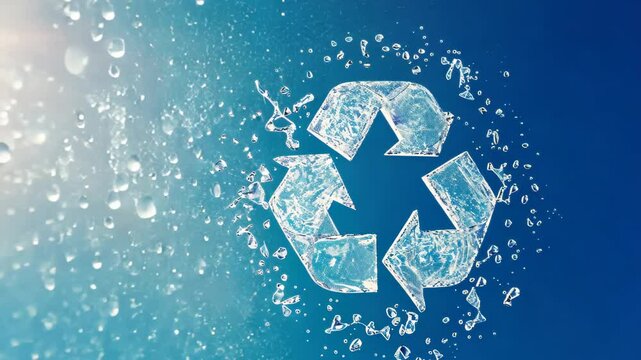 Eco-friendly icon with recycling symbol made of water droplets, circular frame, background of clear blue sky and sun. Icon representing the ecological call to recycle