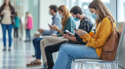 Fototapeta premium A group of patients sitting in a sterile clinic waiting room