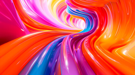 Vibrant abstract composition of swirling glossy ribbons in bright colors like pink, orange, yellow, purple, and blue, creating dynamic and energetic visual flow
