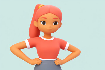 A 3D animated character with a ponytail in a red shirt and grey skirt, hands on hips, set against a green backdrop.