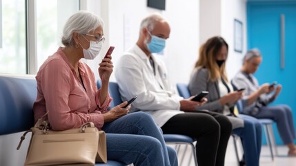 Fototapeta premium A group of patients sitting in a sterile clinic waiting room