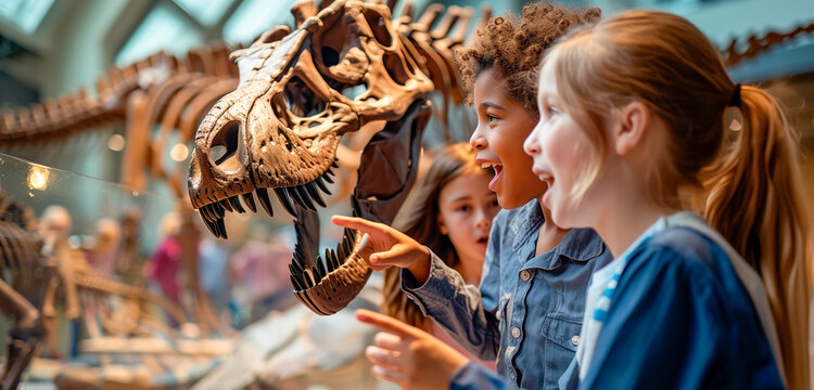Excited children exploring dinosaur exhibit in museum, pointing at large skeleton and engaging with the display, showcasing their curiosity and fascination with prehistoric creatures