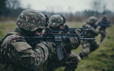 Fototapeta premium British Army Soldiers Engaging in Training Activities on a Bright Sunny Day at Military Base Camp with Vintage Aesthetic and Patriotic Atmosphere