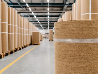 Industrial warehouse interior with stacked rolls of cardboard and bright overhead lights for a dynamic manufacturing atmosphere.