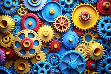 Colorful cartoon gears and cogs form a whimsical, dynamic composition, with bright blue and yellow hues, conveying innovation, creativity, and playful mechanical energy.
