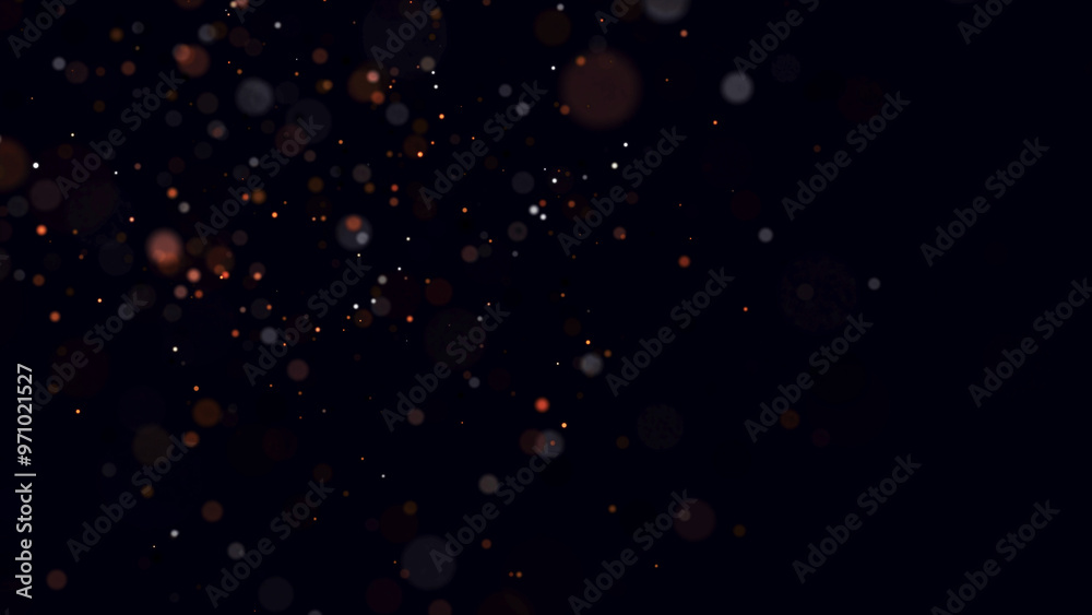 Poster Abstract dust particles with red light on dark background. Science backdrop with moving glittering dots. Flying particles with effect bokeh. 3d rendering.