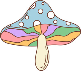 70s 80s hippie symbol, retro groovy mushroom. Retro hippie isolated vector amanita, groovy psychedelic mushroom or cartoon magic fairytale toadstool. Vintage funky symbol