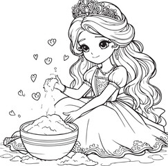 A princess doing work lineart coloring book illustration for kids