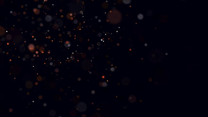 Abstract dust particles with red light on dark background. Science backdrop with moving glittering dots. Flying particles with effect bokeh. 3d rendering.