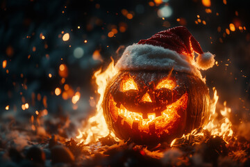  flaming jack o lantern wearing santa's hat, Halloween, trick or treat, spooky, festive.