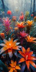 Exotic bromeliad garden, tropical setting, morning light, bird's-eye view, vibrant colors, detailed plants, wide-angle shot