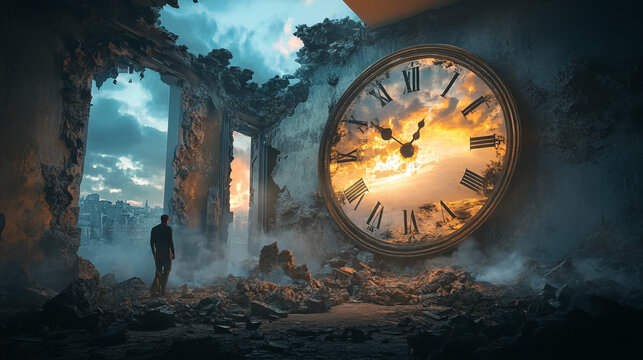 The clock at the end of the time tunnel, surrounded by bright light, reminds of the transience of life. Every step along the stone path reflects the greatness and destruction of time.