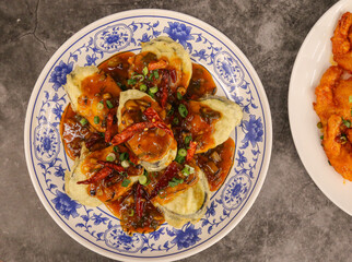 chinese food fried eggplant with spicy sauce