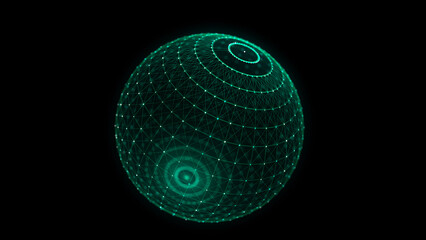 Abstract green sphere on black background. Wireframe circle structure with glowing particles. Futuristic digital illustration. 3D rendering.