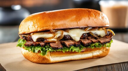 Gourmet Cheeseburger with Fresh Ingredients on Wooden Board