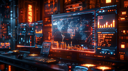 Cyberpunk Workstation with World Map Display 3D Illustration