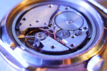 Mechanism of vintage wrist watch, closeup view