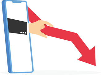 Businessman's hand is holding a red arrow down. Falling living standards and prices. Flat vector illustration

