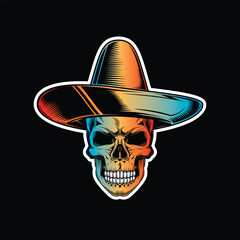 Skull in a sombrero. Dia De Los Muertos. Original vector illustration in vintage style isolated on black background. T-shirt design.
