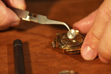 Fototapeta premium Man fixing mechanism of vintage wrist watch at table, closeup