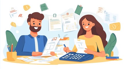 Two office workers reviewing paperwork and using a calculator at their desk during a collaborative meeting focused on financial planning