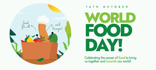 World Food Day. 16th October food day celebration banner, post with fruits and vegetables wearing chef hats in a carton box. The day promote global awareness, action for those who suffer from hunger.