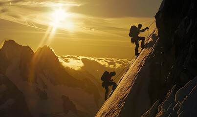 The silhouette of many people climbing the snowy mountain in the sunshine