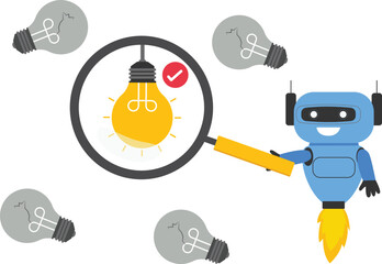 Robot with artificial intelligence using a magnifying glass with a light bulb. Validate Your Idea. Find a problem. Flat vector illustration.

