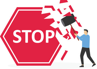 Business people hold sledgehammer crash huge red stop sign. Flat vector illustration

