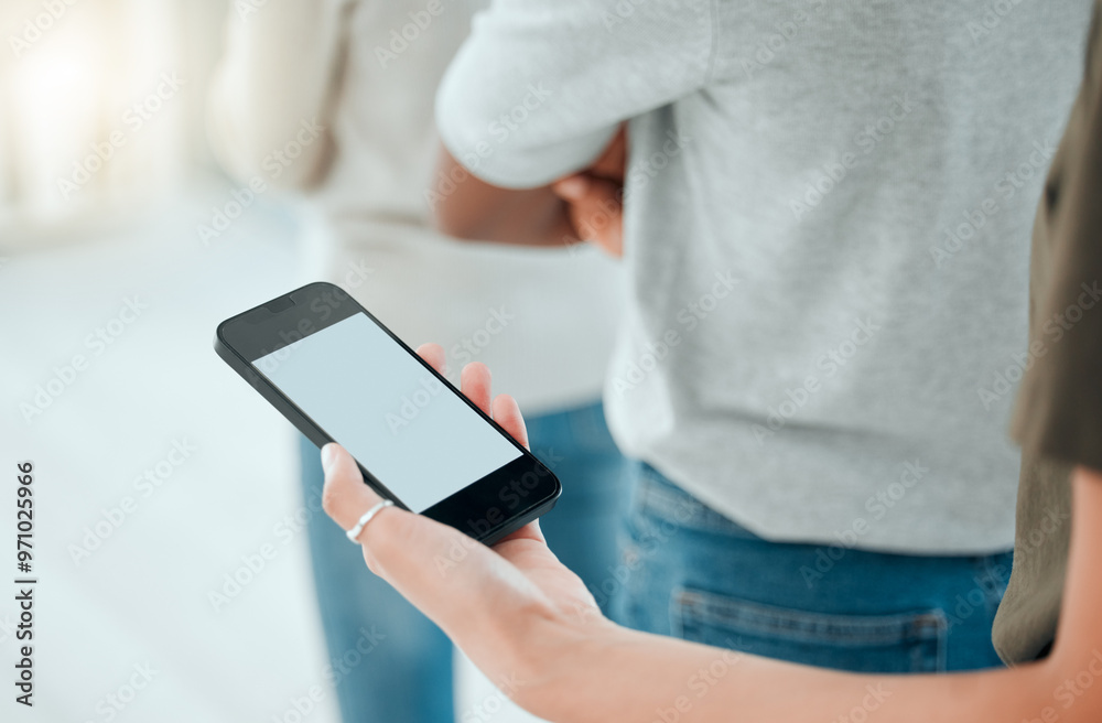Poster Line, hand and person with phone screen for connection, network and access internet for communication. Smartphone user, digital or online with mobile app for chat, text message or conversation by row
