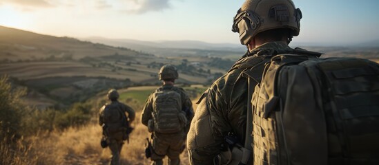 British army soldiers tabbing with 25Kg bergens across open countryside