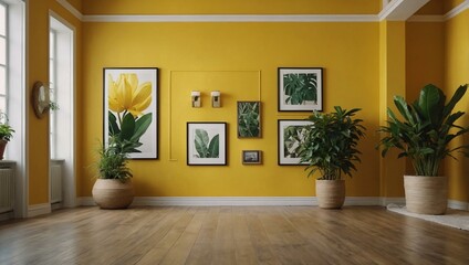 A bright yellow room with plants and a blank frame.